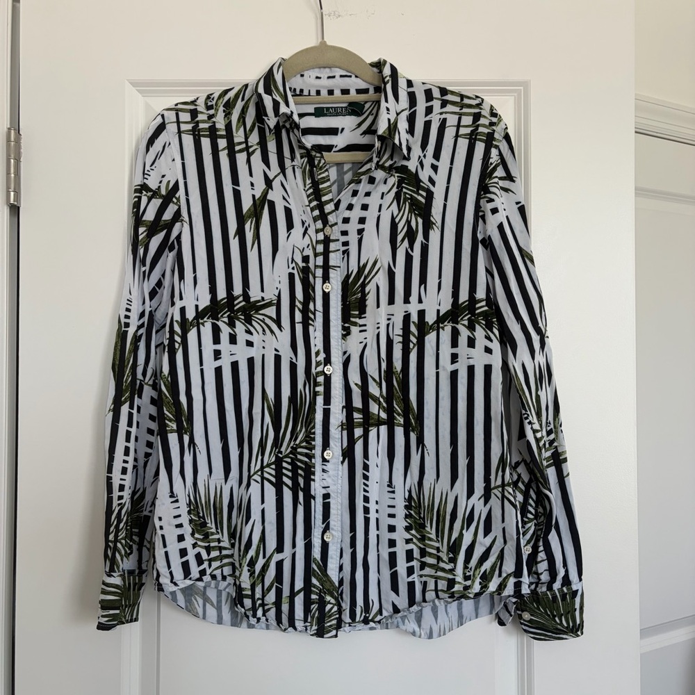 Ralph Lauren Black & White Striped Button-Down Shirt with Green Palm Motif